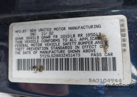 2003 Pontiac Vibe z USA, uszkodzony, nr VIN 5Y2SL62883Z451473